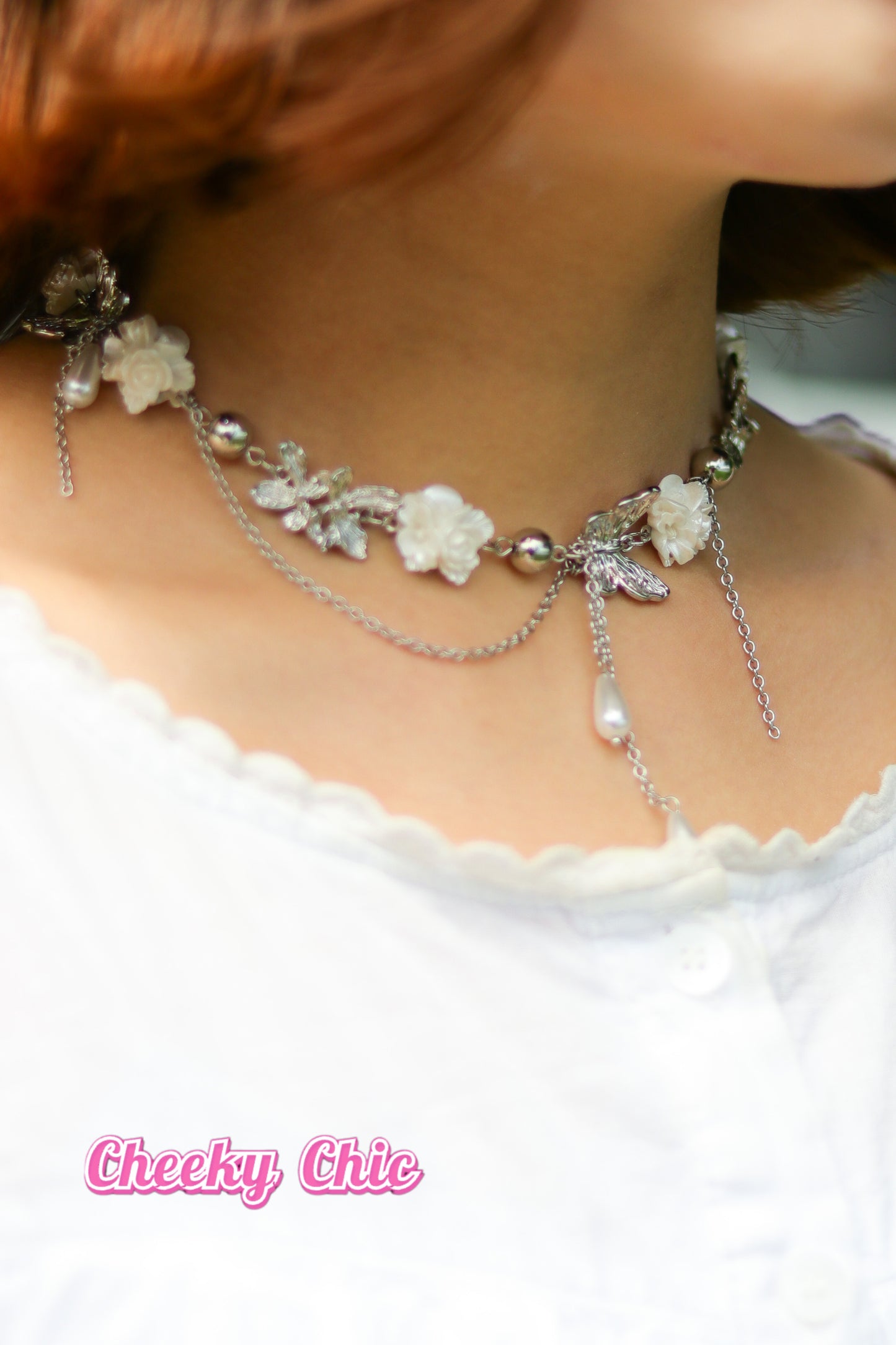 Cheeky Chic Romantic White Rose Pearls Butterfly Necklace 🤍🎀