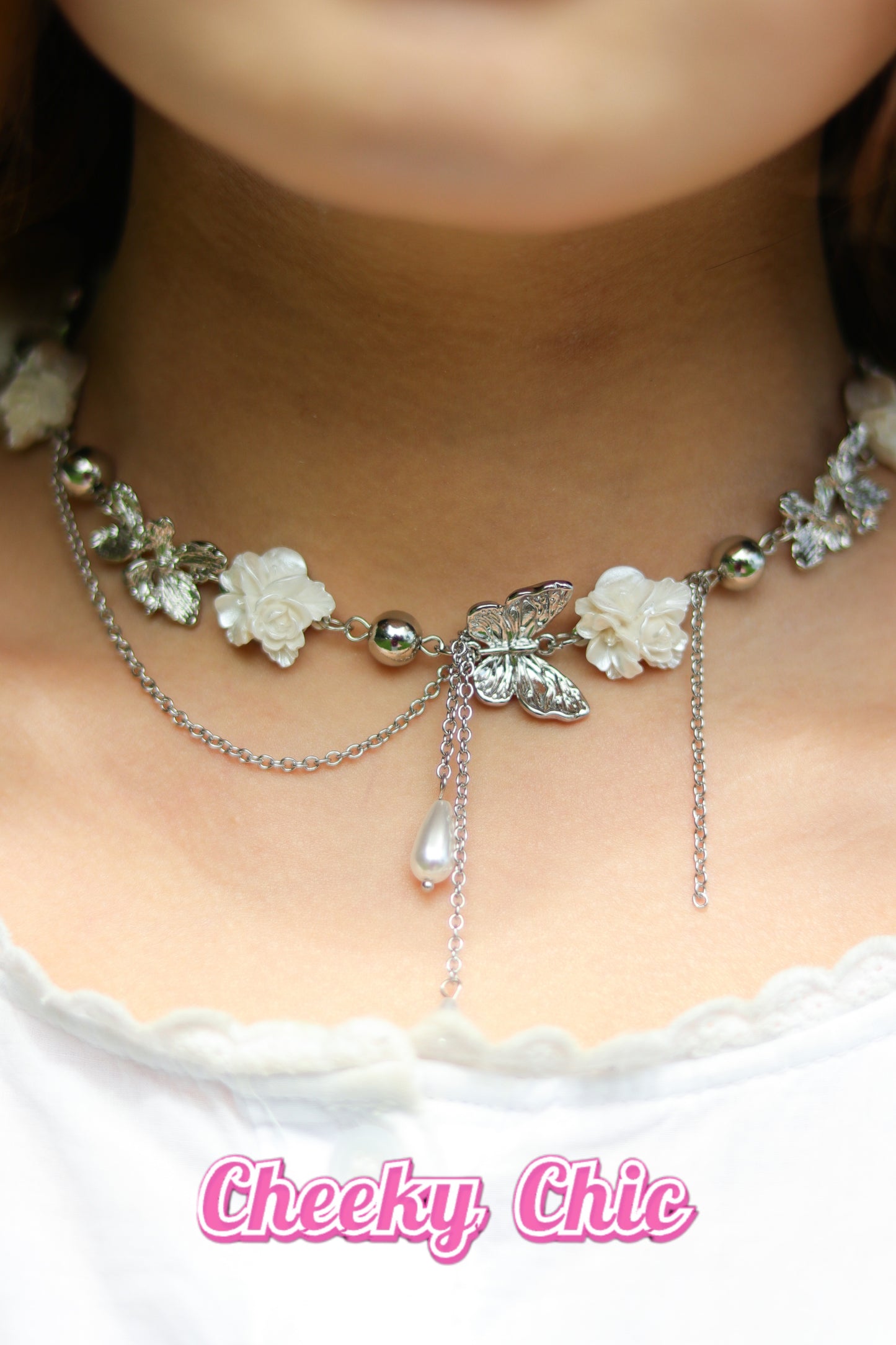 Cheeky Chic Romantic White Rose Pearls Butterfly Necklace 🤍🎀