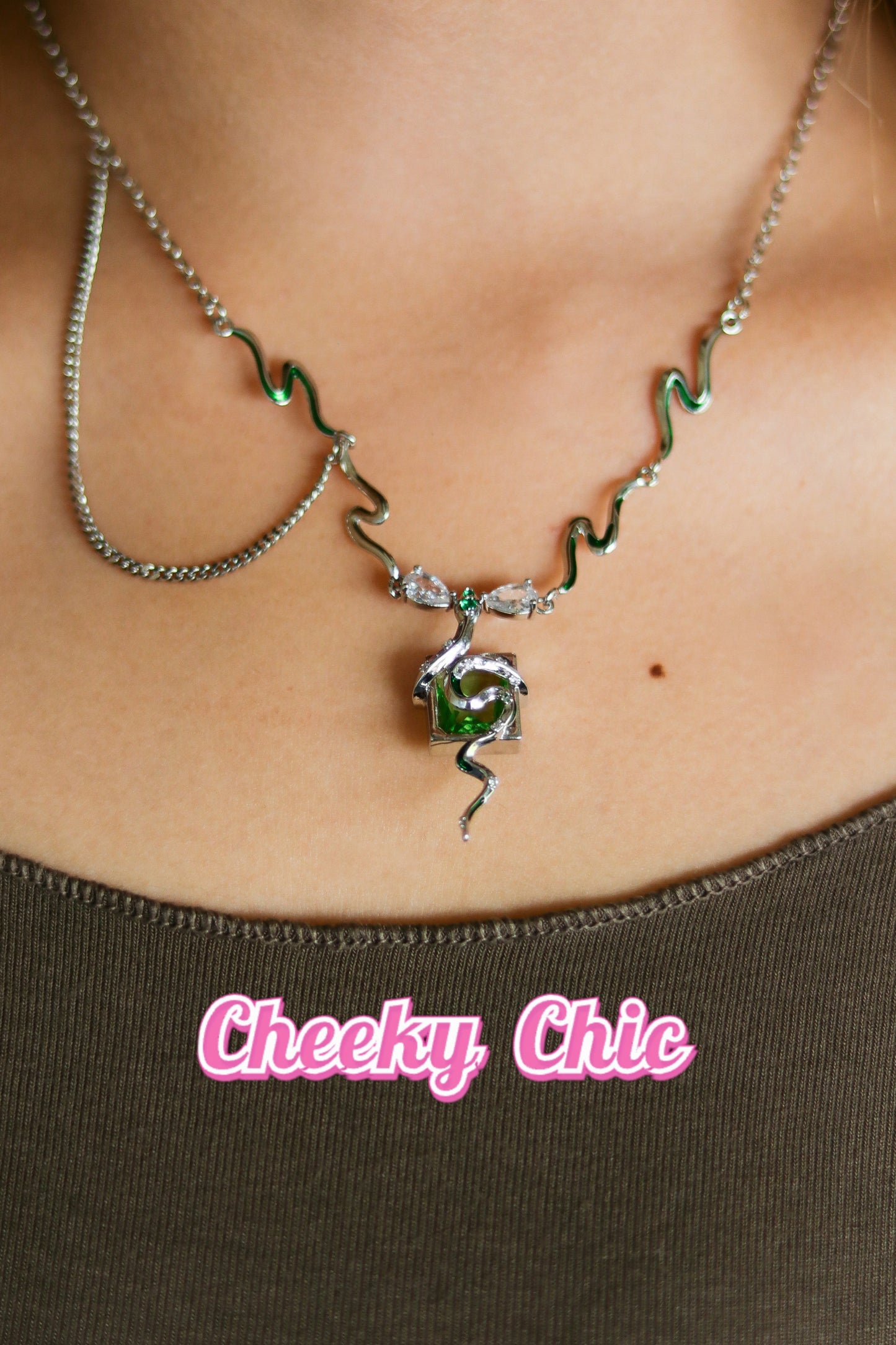 Natural Green Crystal Snake Palladium Necklace π