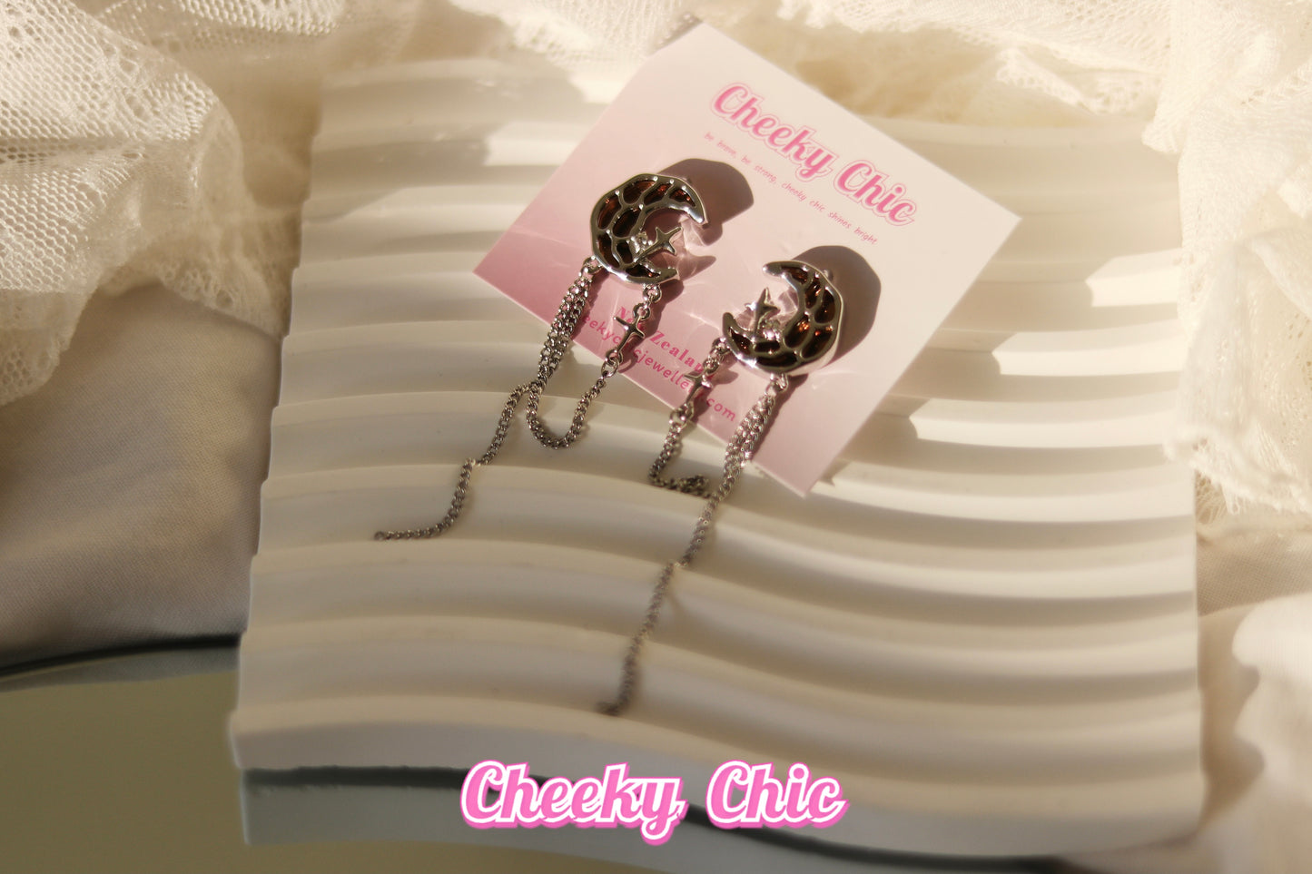 s925 Sterling Silver Asymmetrical Red Checker Stone Moon Earrings