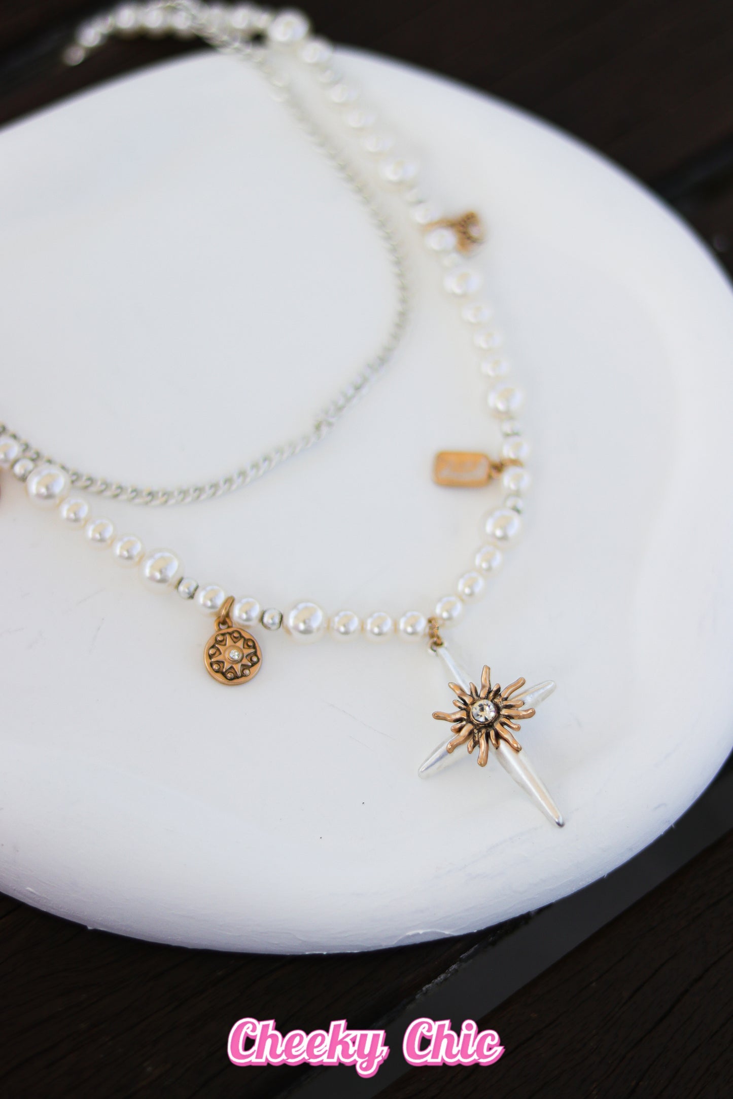 Premium Palladium - Double-Layer Pearl Four-Point Star Necklace ✨