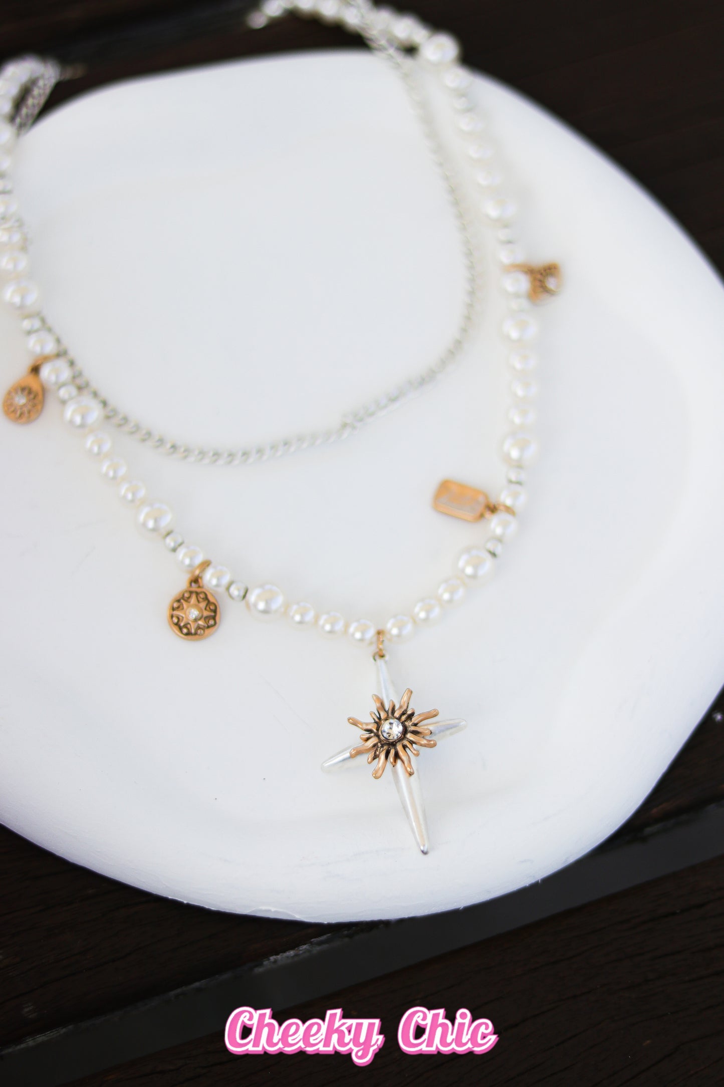 Premium Palladium - Double-Layer Pearl Four-Point Star Necklace ✨