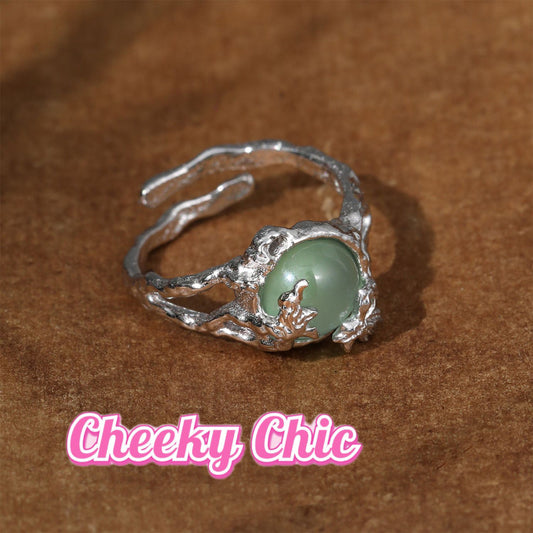 Emerald Elegance S925 Sterling Silver Leaf Open Ring ✨🍃