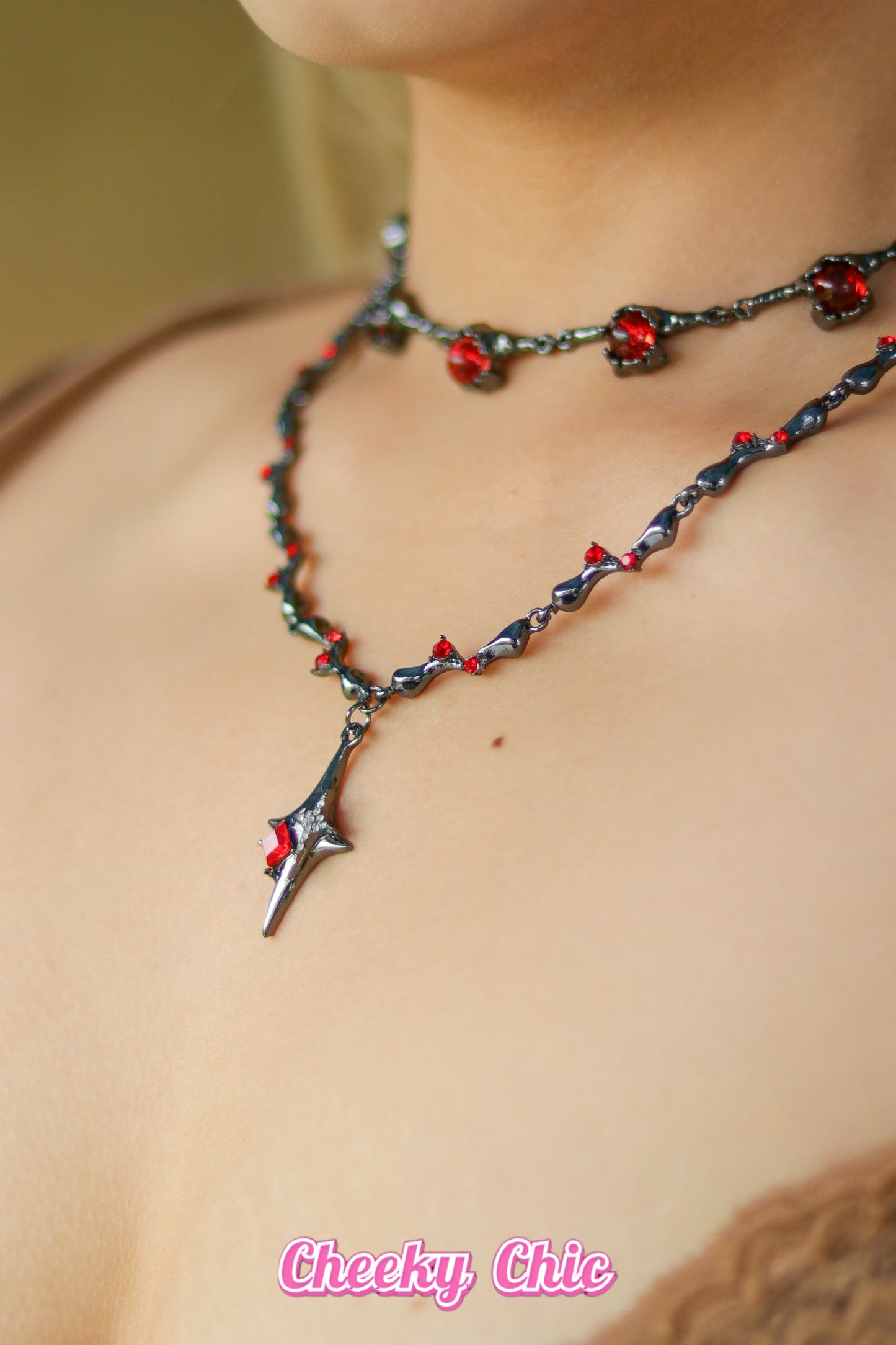 Gothic Ruby Black Celestial Necklace Set ( choker + necklace )